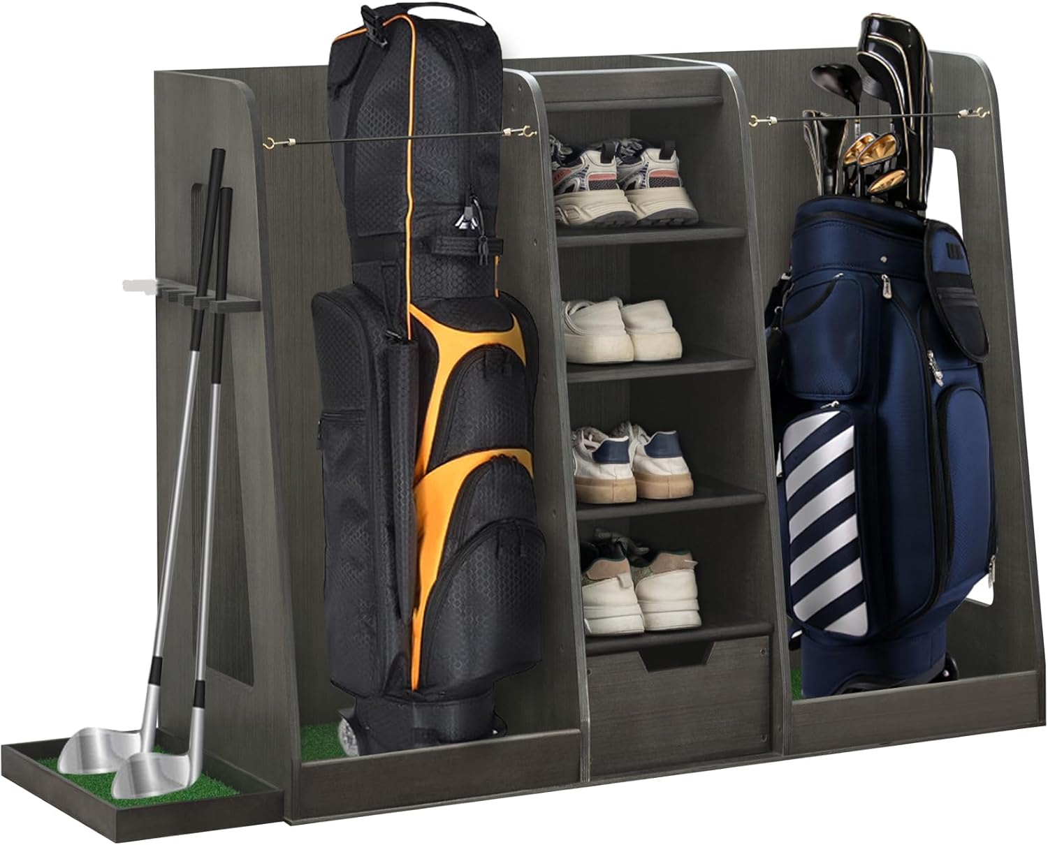 Golf Bag Organizer Storage Rack Stand Holder Fits 2-3 Extra Large Golf Club Bags and Multiple Golfing Equipment Accessories for Garage Home Simulator and Office