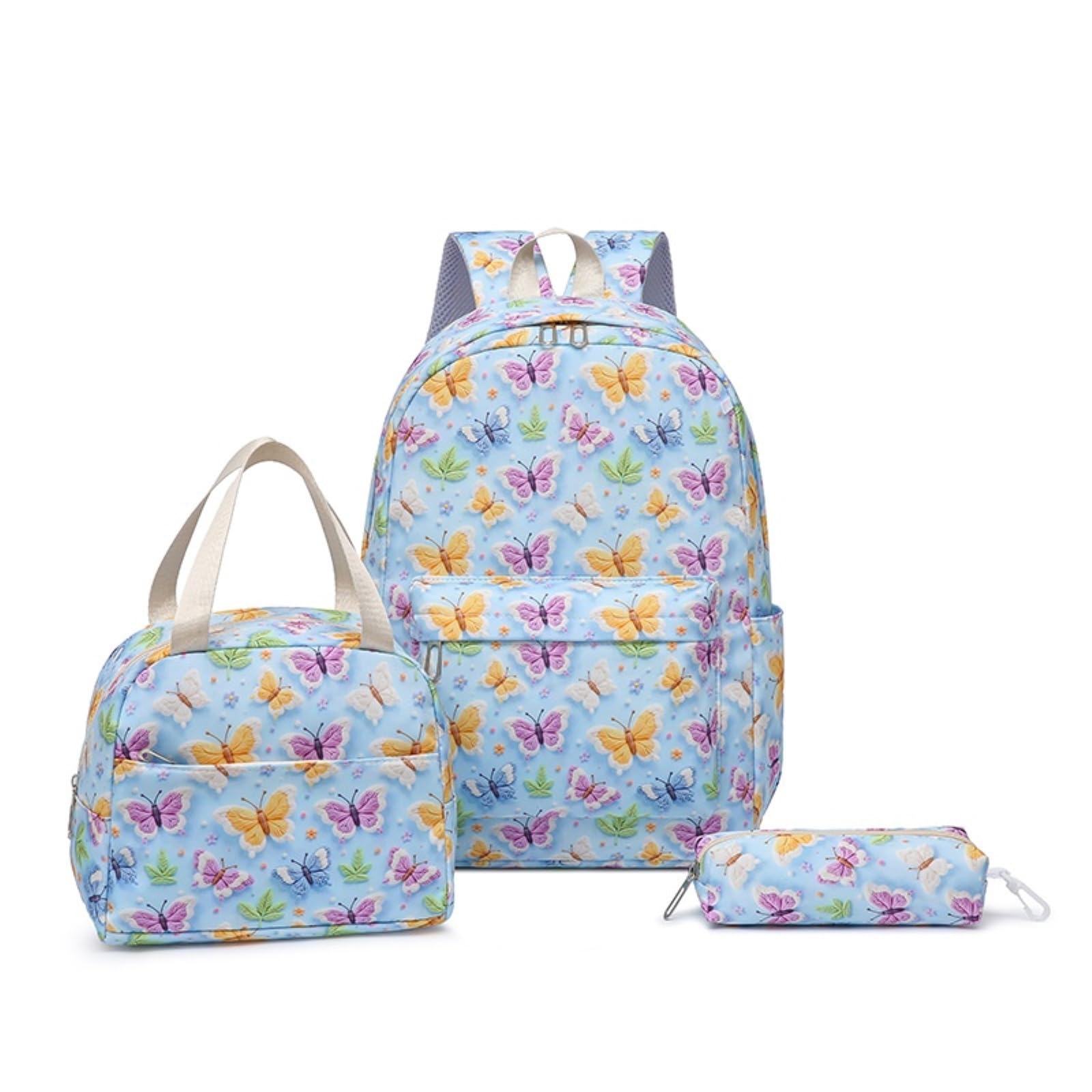 Zaino da Viaggio 3 in 1 Colorato Farfalla-Floreale Stampa Set Scolastico con Borsa Pranzo E A Matita per Ragazze Adolescenti