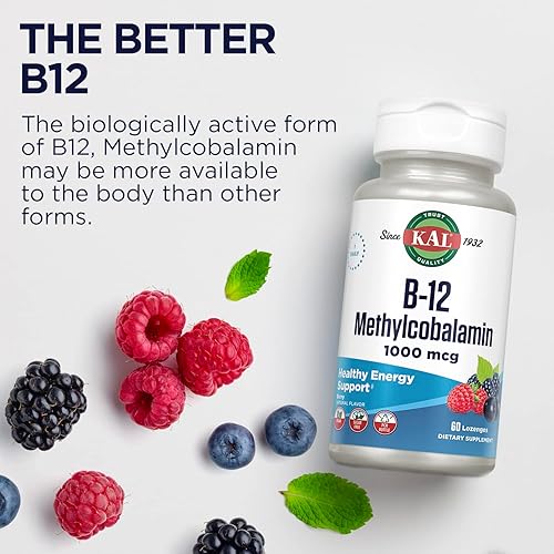 Miniatura 6 de KAL Pastillas de vitamina B-12 metilcobalamina 1000mcg, energía saludable, metabolismo, nervios y glóbulos rojos,* absorción óptima, sabor a bayas