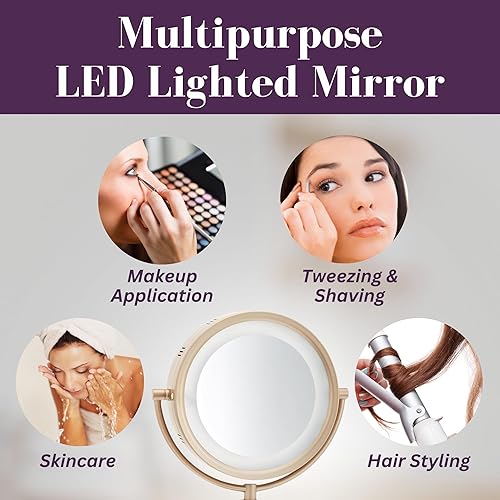 Miniatura 7 de JERDON Espejo de maquillaje de mesa iluminado, espejo de maquillaje iluminado con halo con aumento 1X y 6X en acabado de latón cepillado, espejo de