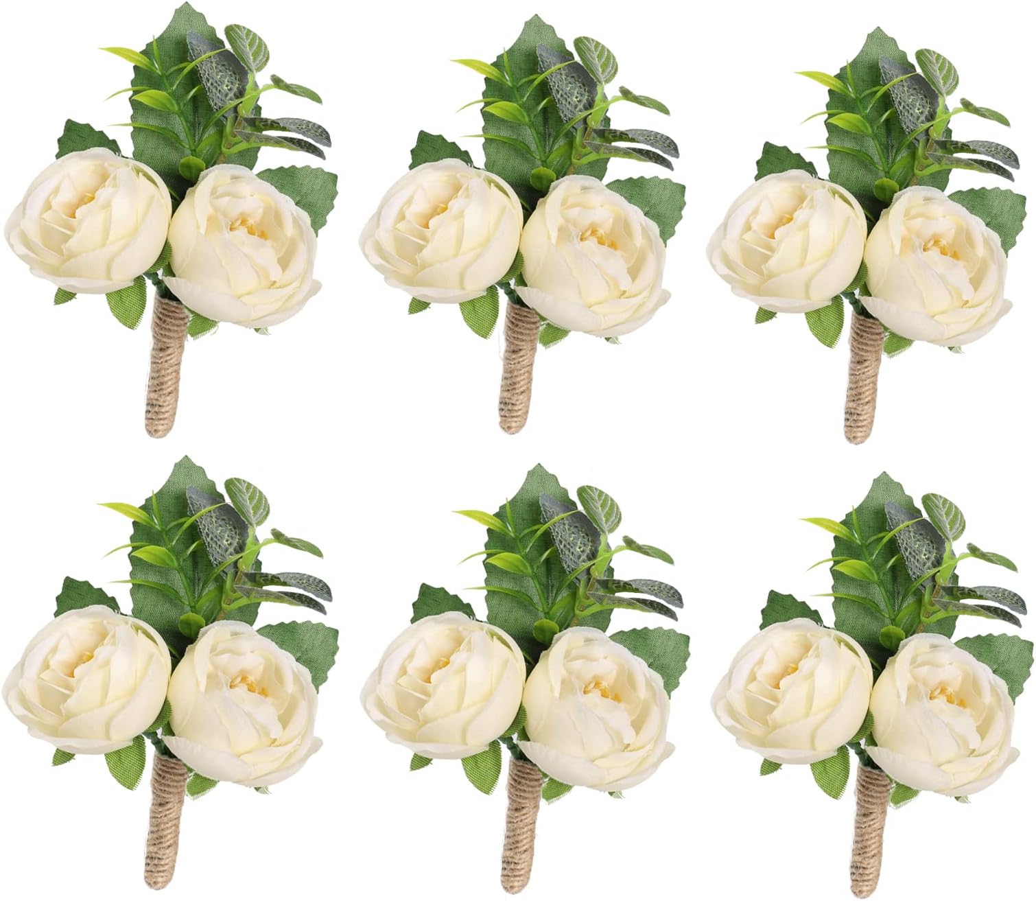 Handcrafted Boutonniere for Men Wedding, Brooch Bouquet Corsage Classic Artificial Groom Bride Flowers with Pin for Wedding Prom Party Set of 6