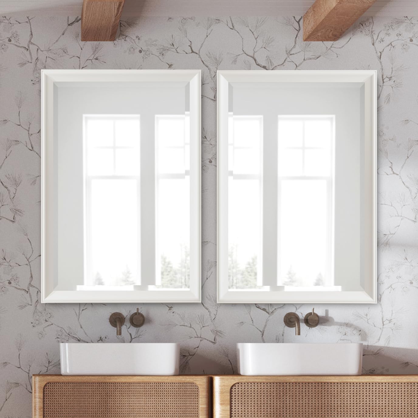Kate and Laurel Kalla Traditional Framed Rectangle Bathroom Vanity Mirror, 28 x 40, White, Rectangular Large Beveled Bathroom Mirror for Over Sink or for Use as Entryway or Living Room Decor