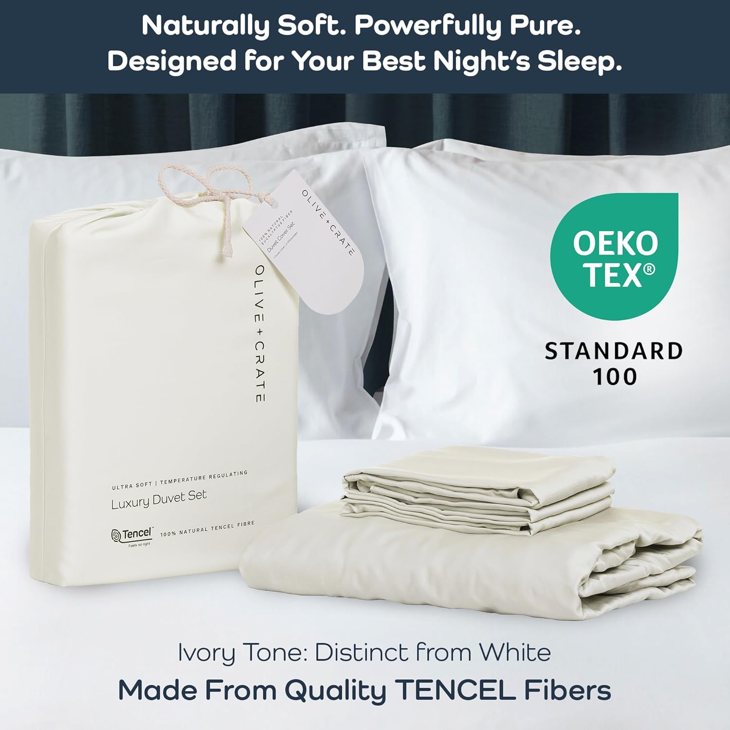 Olive + Crate Tencel Eucalyptus Cooling Duvet Cover Set - Hypoallergenic, Lyocell Tencel Duvet Cover - Soft, Temperature Regulating with Hidden Button Closure & Corner Ties - Queen Size [Ivory] - Image 2