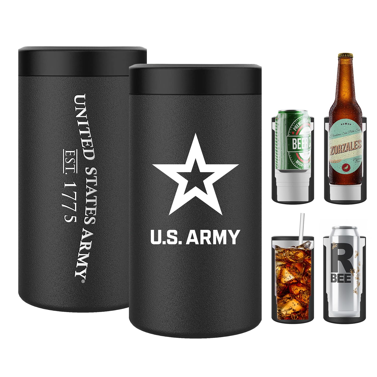 Army 4 in 1 Insulated Can Cooler, Stainless Steel Double-Walled Insulator for 12 oz Standard or Skinny Slim Cans, 12 Oz Beer Bottles – Army 4 in 1