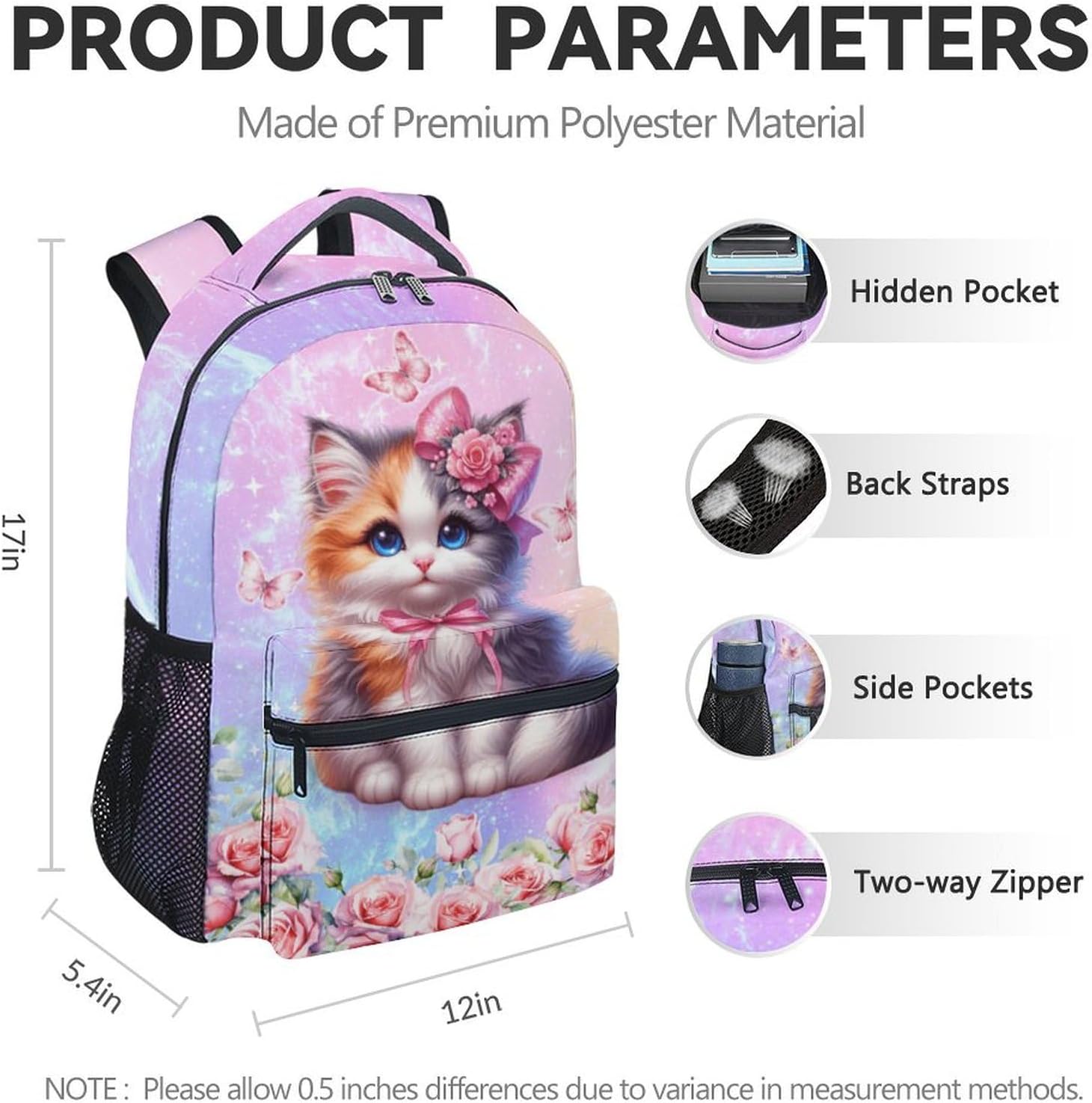 Backpack for Girls, 17 Inch Cute Kids School Backpacks for Cat Lovers, Large Capacity Animals Bookbag for Kindergarten, Primary