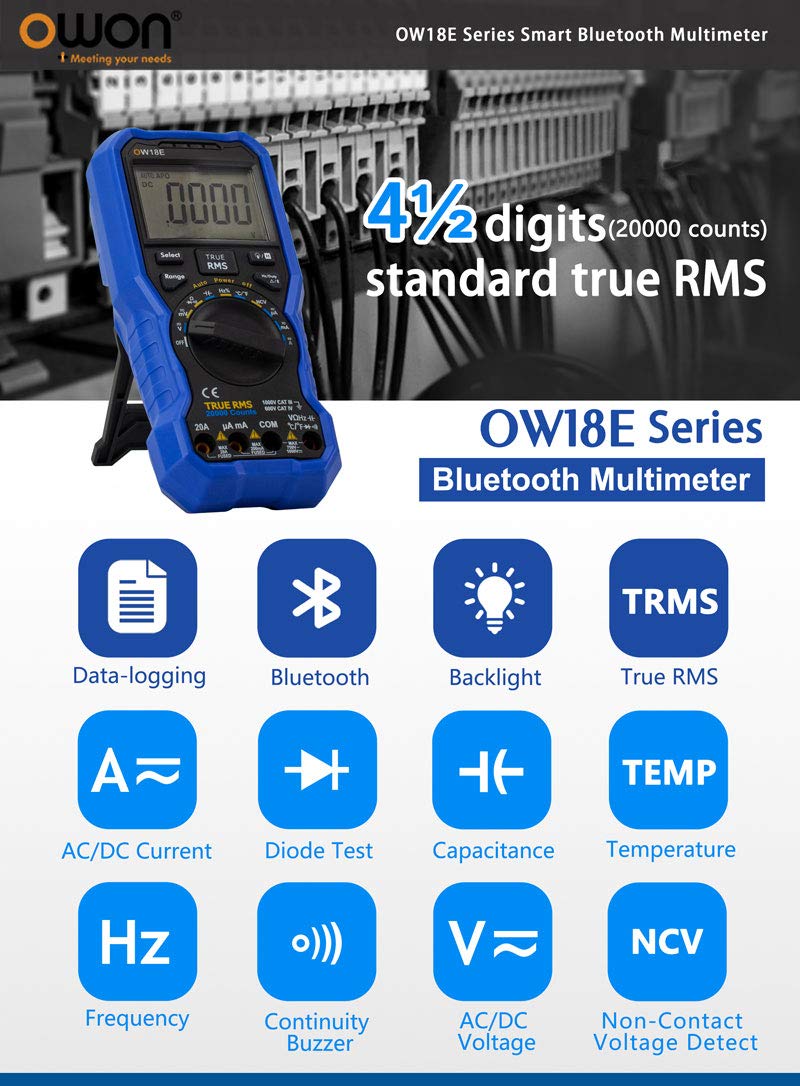 OWON OW18E 4 1/2 dígitos inteligente BLE4.0 True RMS Digital de alta precisión LCD multímetro con conexión inalámbrica registro de datos rango automático (OW18E)