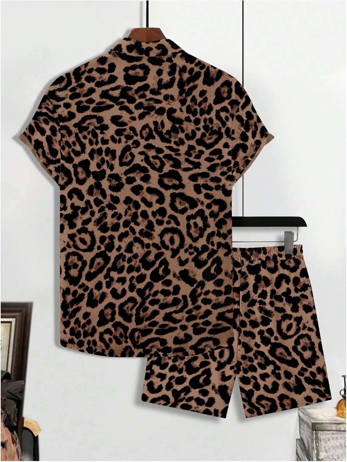 Men's 2 Piece Leopard Print Outfits Cheetah Button Down Shirts and Drawstring Shorts Set Vacation Outfits - Image 2