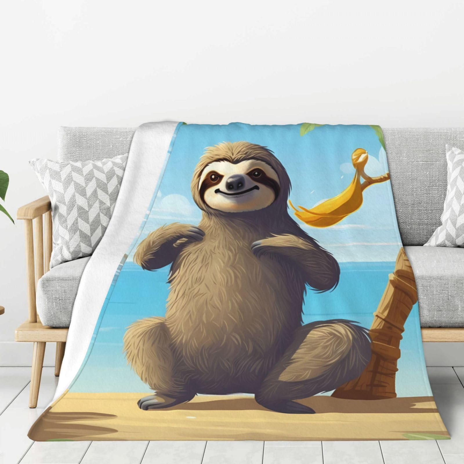 Sloth On Beach Throw Blanket Plush Flannel Fleece Blanket, Soft Lightweight Cozy Blankets 50"X40" for Bed Couch Sofa Travel