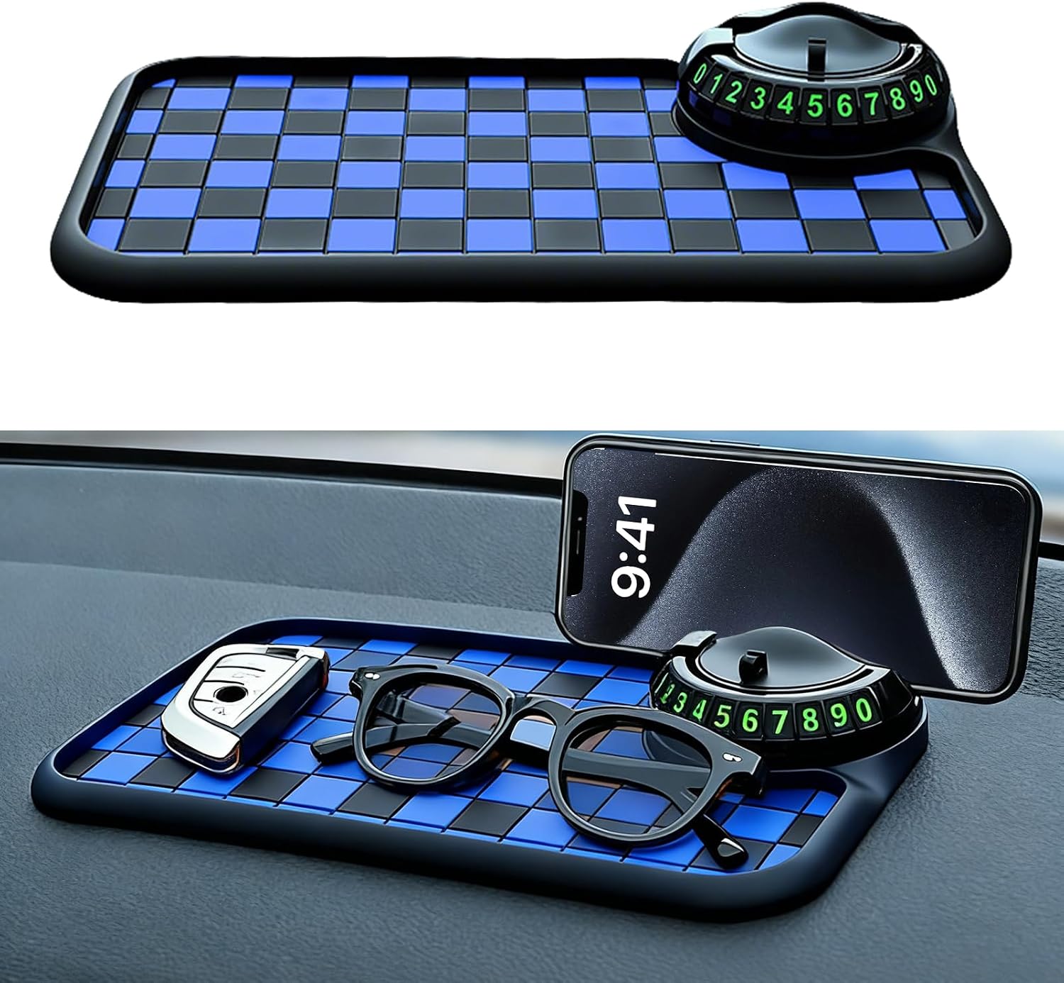 Multifunction Car Anti-Slip Mat for Toyota Camry 2010-2025, 360° Rotatable Phone Holder Dashboard Pad with Temporary Parking Number, for Sunglasses, Keys, Black and Blue