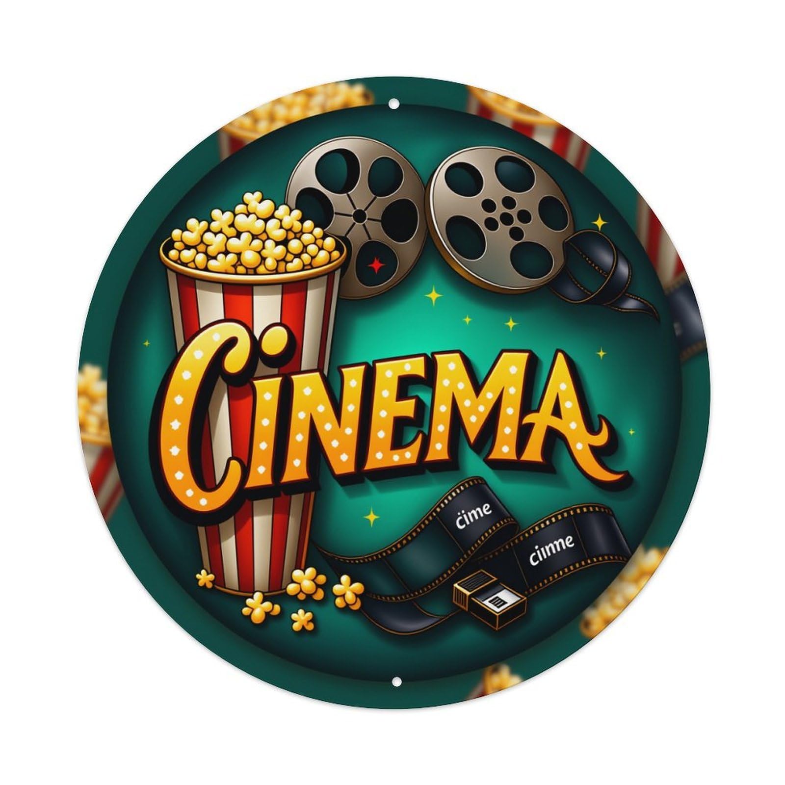 Cinema Popcorn Film Reel Stars Round Tin Sign Vintage Style Metal Sign Home Bar Garden Wall Plaque Decor Metal Poster 8x8 Inch