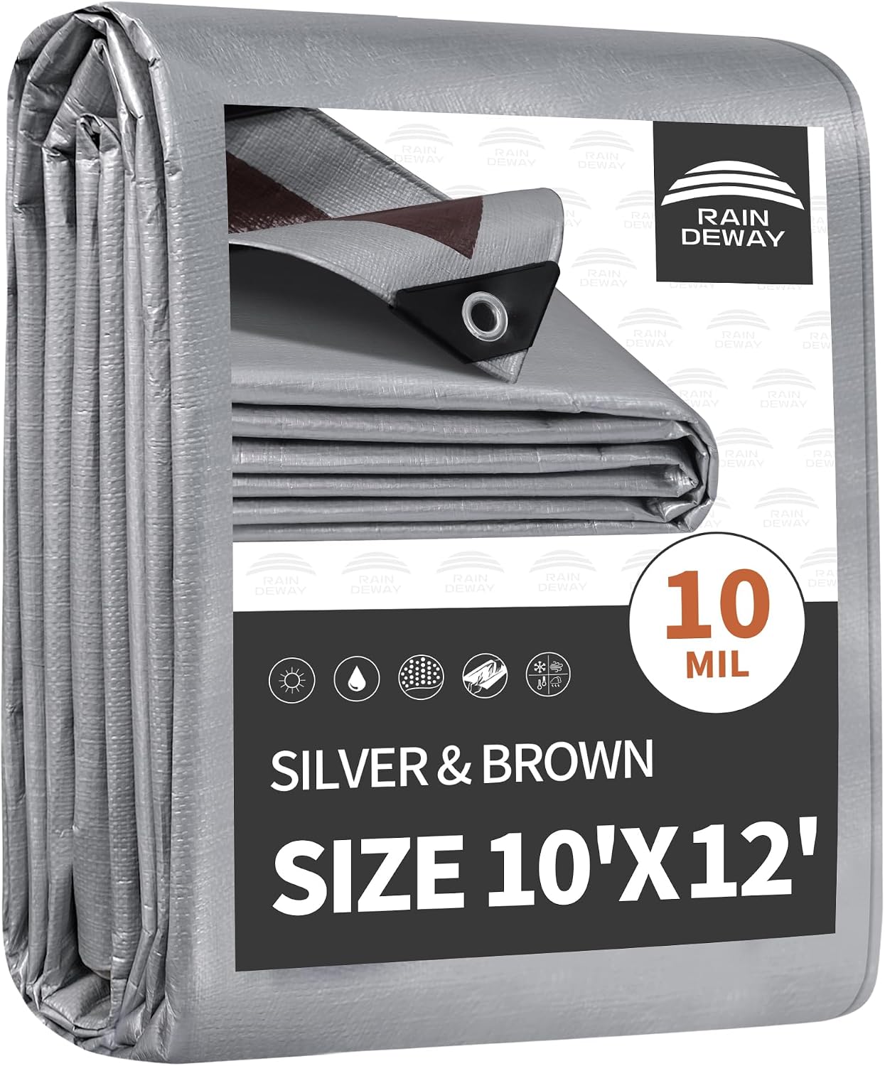 RAINDEWAY Tarps Heavy Duty Waterproof 10x12 Feet,10Mil Multipurpose Tarp | Metal Grommets Every 18inch,Sturdy Corners,Reinforced Edges,14x14 Strong Weave,UV&Tear Resistant,Silver/Brown