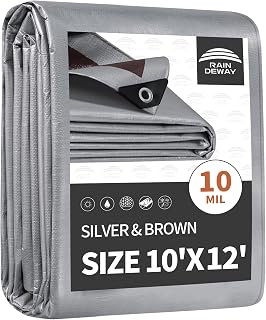 RAINDEWAY 10x12 Feet Tarps Heavy Duty Waterproof,10Mil Thick Multipurpose Poly Tarp Cover with Metal Grommets and Reinforced Edges,Silver/Brown Tarp