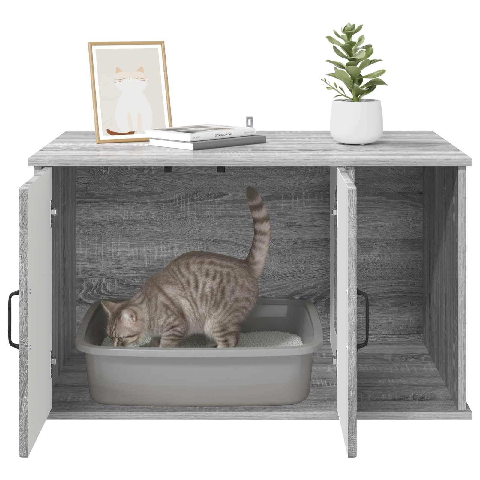 Casa rectangular para gatos gris Sonoma 85 x 55 x 50 cm de madera de ingeniería, diseño minimalista moderno para sala de estar, refugio cómodo para felino, incluye accesorios de montaje