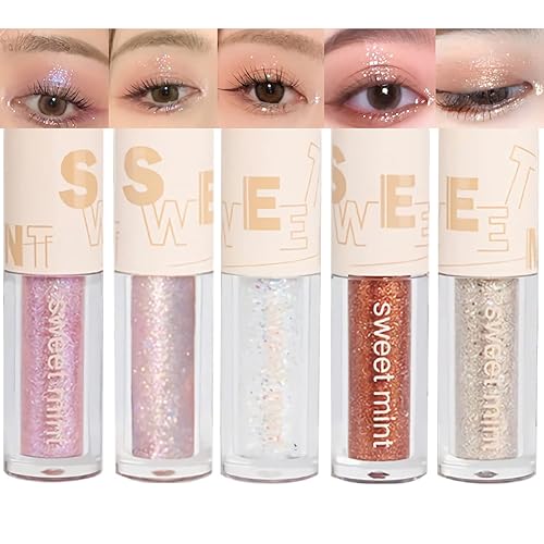 Sombra de ojos con purpurina líquida 5 unidades juego de sombras de ojos líquidas nacaradas brillo fino brillo morado sombra de ojos impermeable de
