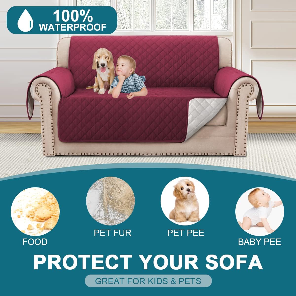 turquoize 100% waterproof couch cover sofa covers for 2 cushion couch loveseat covers triple non-slip couch cover for dogs washable furniture protector cover for pets,dog (loveseat 54", burgundy) 54" loveseat-medium burgundy