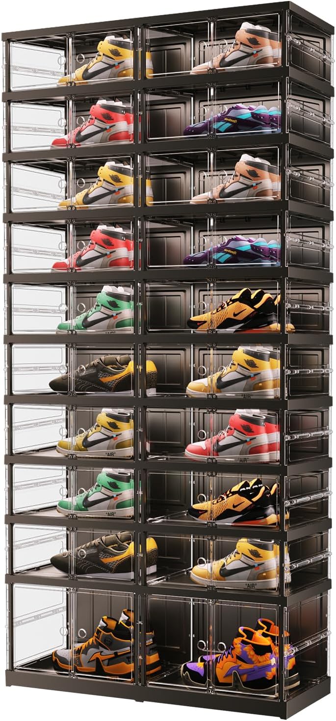 10 Tiers 20-40 Pairs Foldable Shoe Boxes Large Plastic Shoe Storage Rack Collapsible Shoe Organizer for Closet Clear Stackable Shoes Shelf Storage Cabinet with Doors Quick Assembly Black 10 Tiers 40 Pairs Black