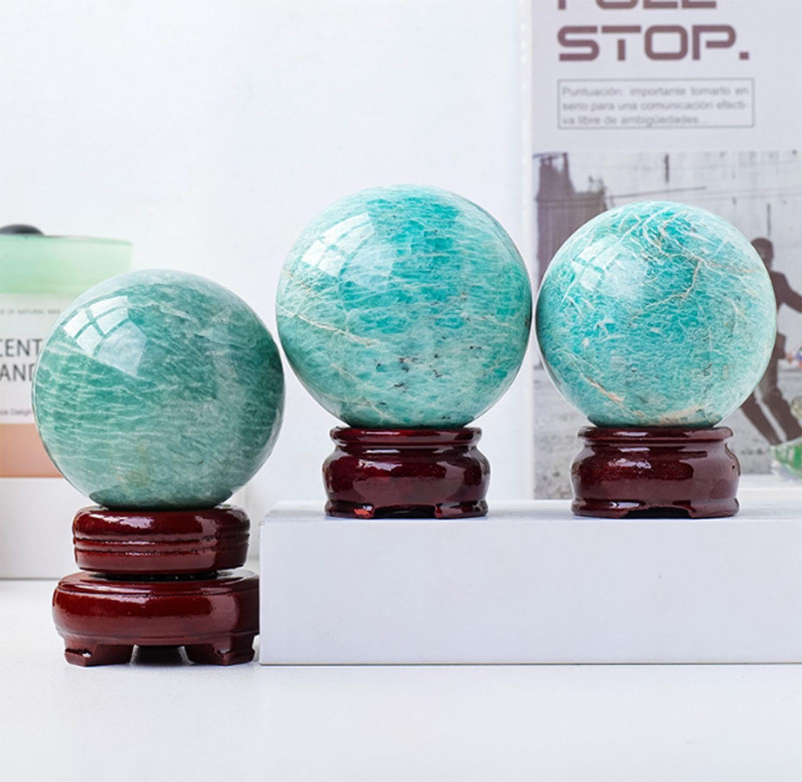 Naturalny Amazonit Feng Shui Mineralny Kamień Szlachetny Kula Uzdrawiająca Kryształowa Kula Rzeźba Figurka Z Drewnianym Stojakiem Do Dekoracji Wnętrz Wróżbiarstwo,75-80mm