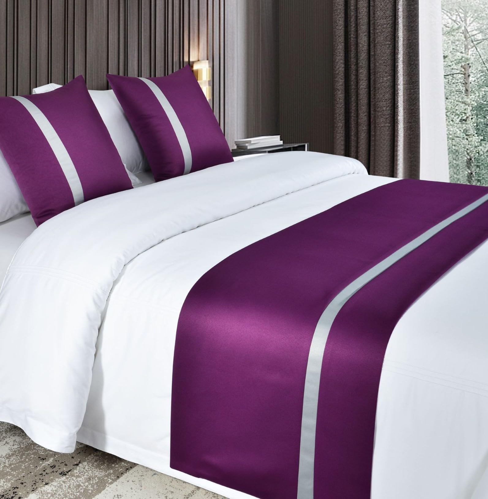 HLASMSPE Soft Bed Scarf Runner, Polyester Satin Bedding Throw Cover Stripe, Fashion Bedspreads Decor Towel for Hotel Wedding, Purple, 50 * 180cm for 1.2m Bed