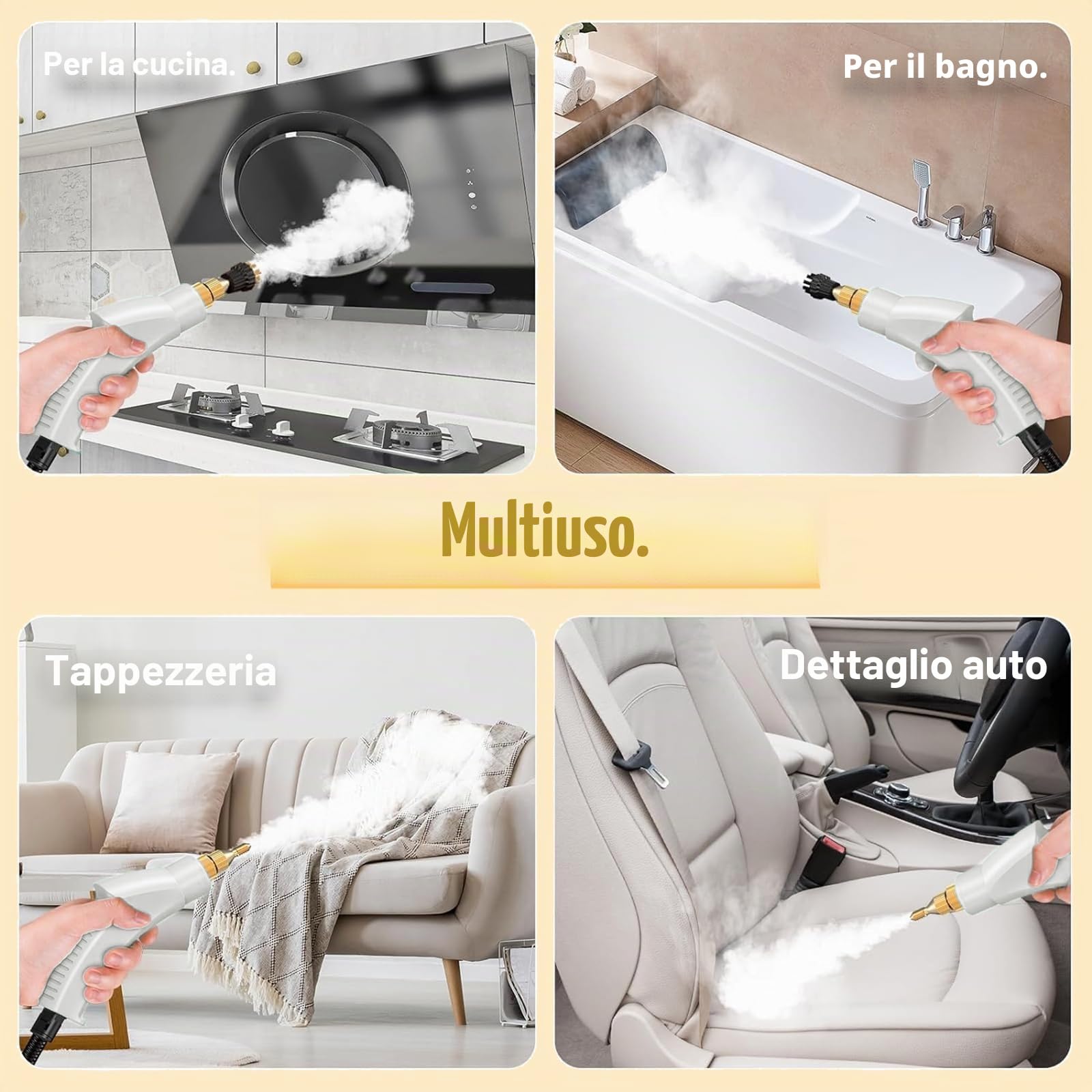 Pulitore a vapore elettrico manuale, pulitore vapore casa portatile, Steam Cleaner 2500 W con Serbatoio 1L, 6 velocità +5 accessori,Pulitore a vapore a mano per mobili da Cucina Auto da Bagno