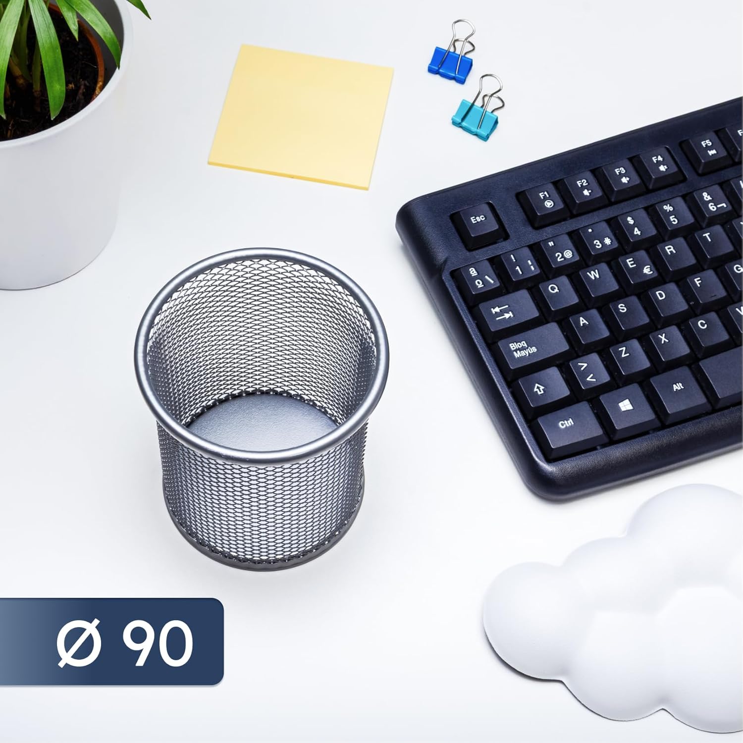 RAYLU PAPER® - Round Metal Mesh Desk Pen Holder, Grid Pencil Holder, Office Desk Organizer with 90mm Diameter (Silver)