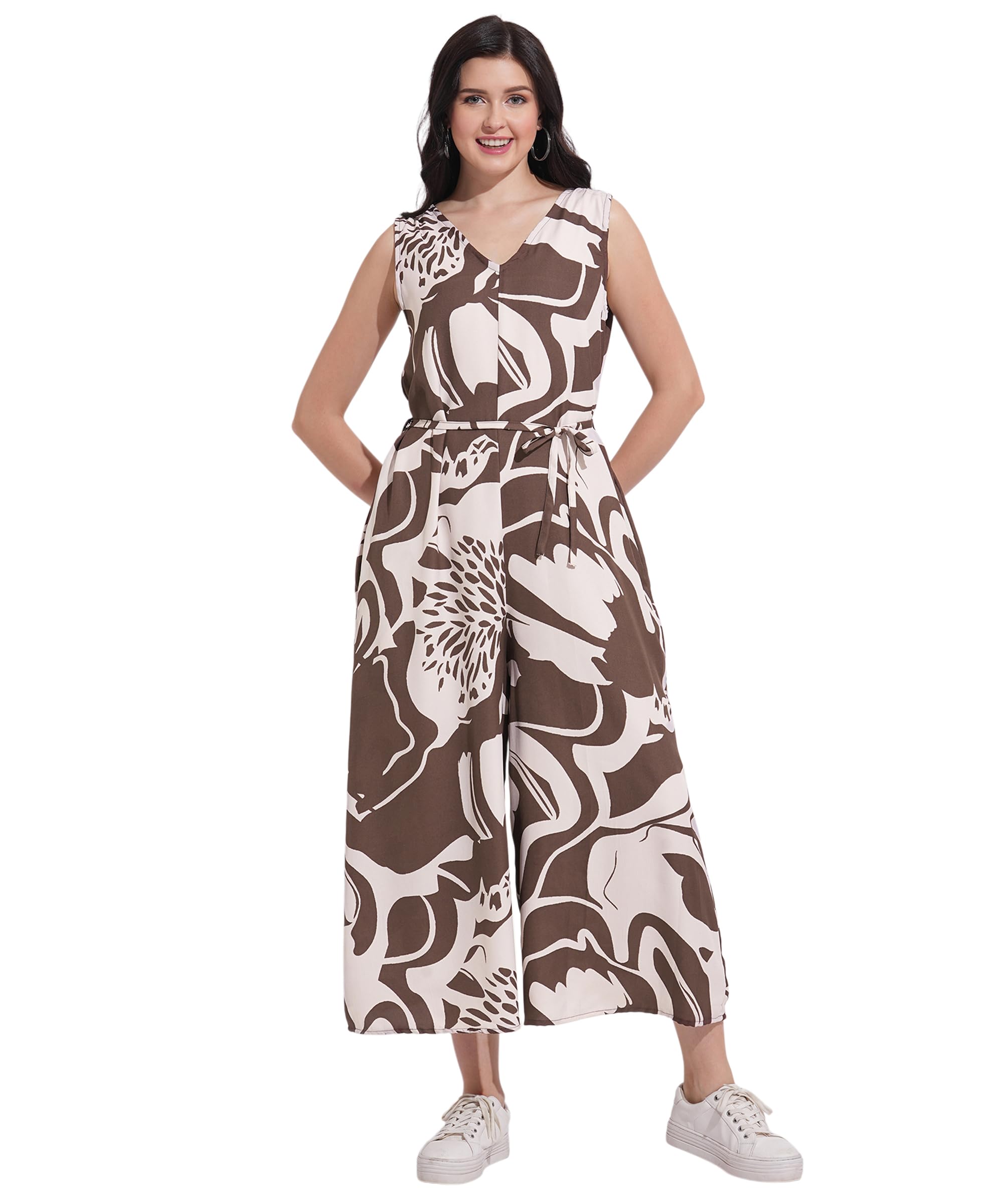 Fashfun Women's Brown & Creme Floral Printed Anti Fit Jumpsuit With Waist Tie-up-image-33