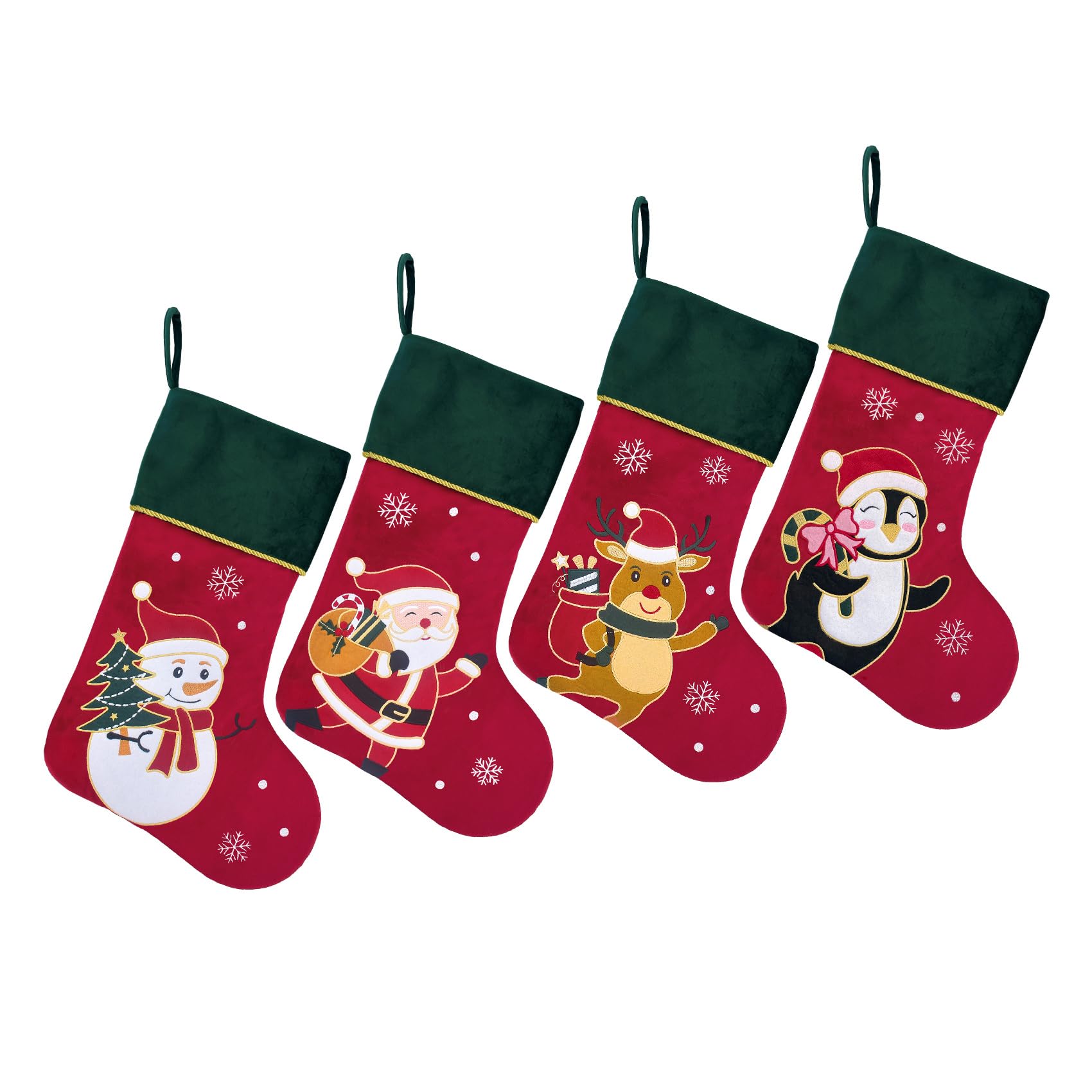 Calze di Natale, confezione da 4 calze natalizie in velluto rosso con polsino verde, grandi calze di Natale di lusso per decorazioni per le vacanze in famiglia
