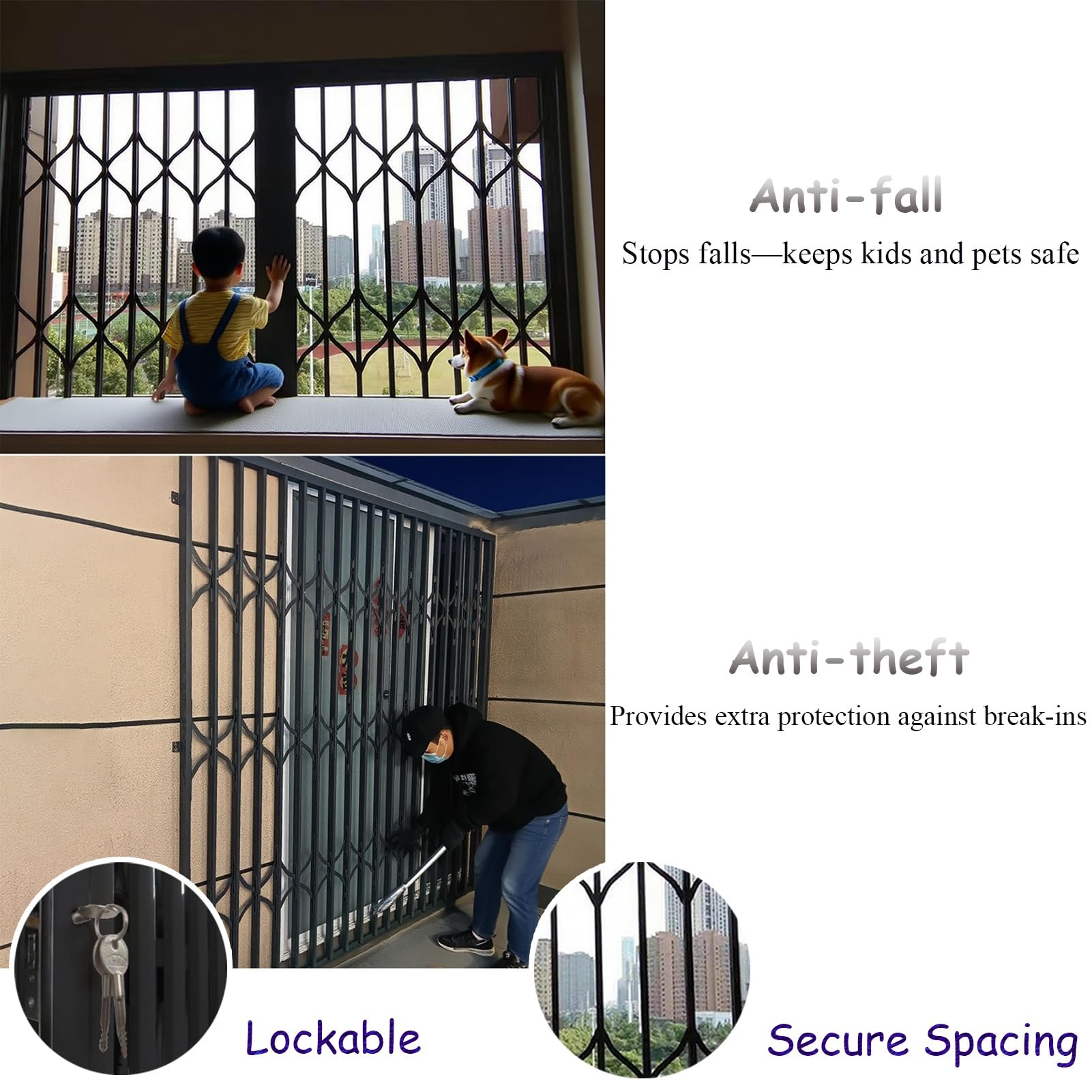 UrbanUp Inferriate per Finestre Barra di Sicurezza per Porta Pieghevole da Seminterrato, Binario per Porta Scorrevole a Sgancio Rapido, Recinzioni di Sicurezza per Finestre(W44xH90in/110x230cm)