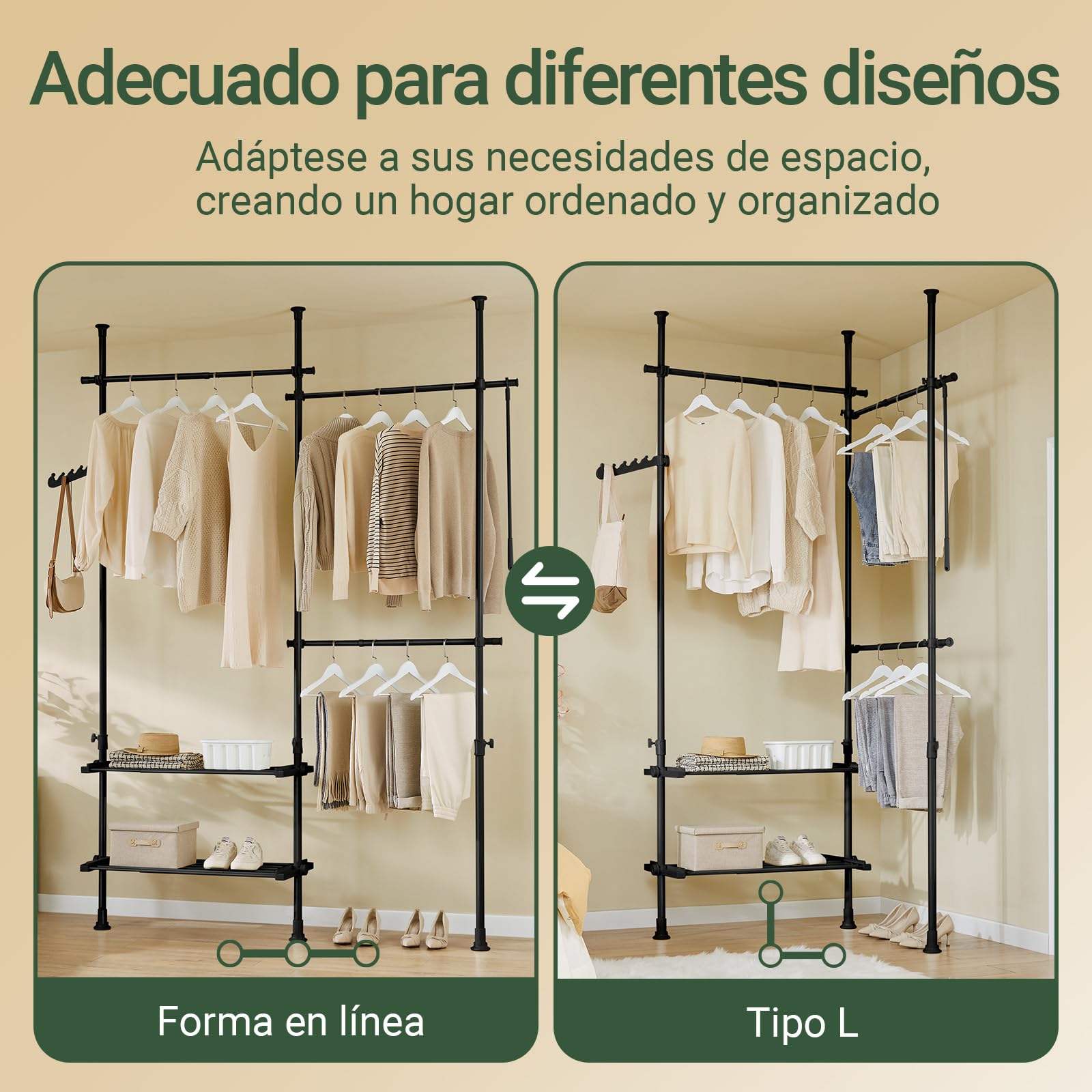 SoBuy barra telescópica perchero con estantes, dormitorio | Armario abierto ajustable para ropa, perchero resistente para vestidor y dormitorio, diseño negro, FRG34-II-SCH