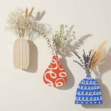 AIM & GGKK Wall Vase Set of 3, Decorative Wall Vases for Flowers with Colorful Pattern Design, Modern Wall Flower Vase Decor for Living Room Entryway