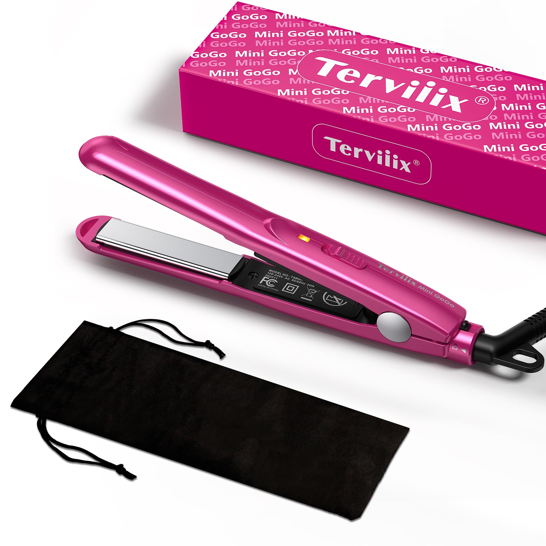 Terviiix Mini Flat Iron for Travel, 1/2'' Small Hair Straightener for Short Hair/Bangs, 0.5'' Portable Ceramic Straightening Irons, Dual Voltage, Pouch Included, Compact Size, Pink