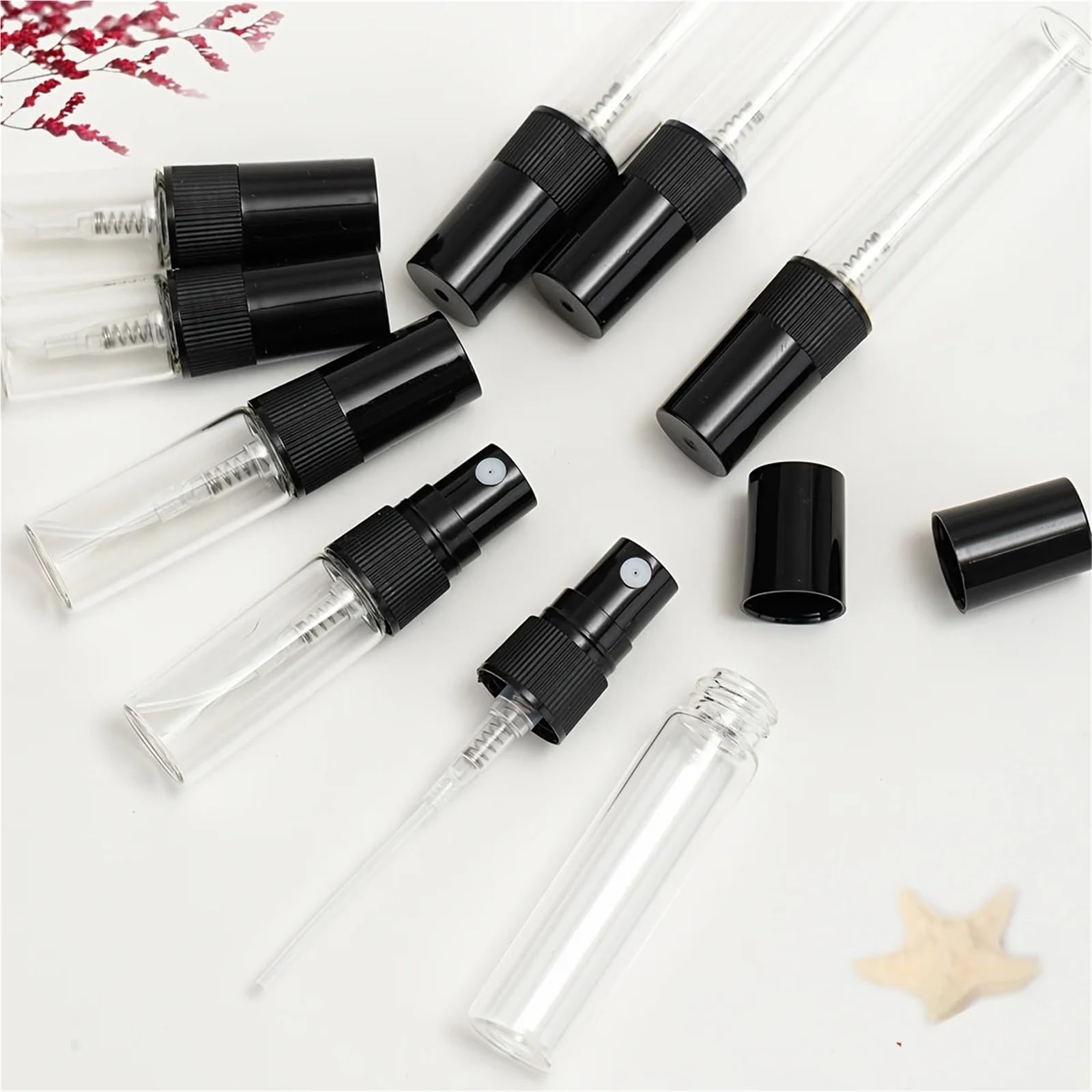Parfümzerstäuber 50 Stück 6 Zubehörteile Transparente Parfümflaschen aus Glas, nachfüllbare Sprühflaschen, 0,07 oz,1,17,34(10ml)
