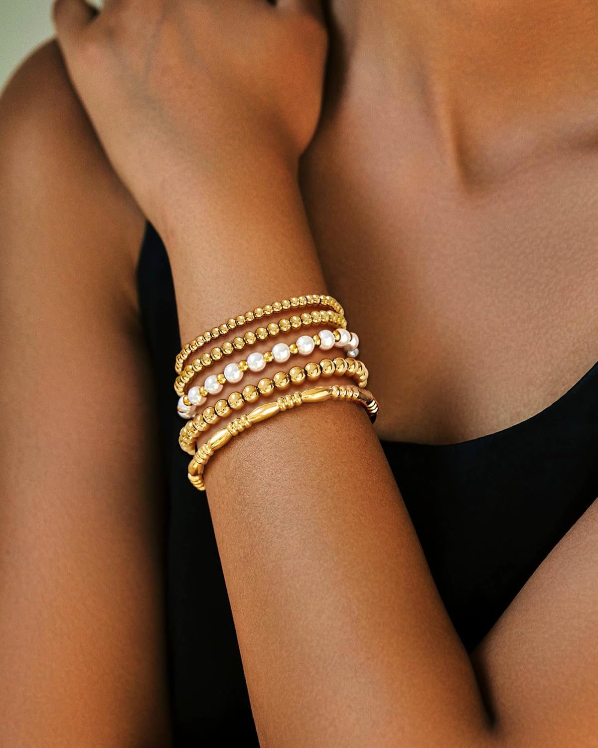 Gold Bangle Bracelets for Women, 14K Gold Plated Beaded Bracelets Stretch Bead Ball Chain Layered Bracelet Stack Set, Love Cubic Zirconia Bangle Women Jewelry - Image 5