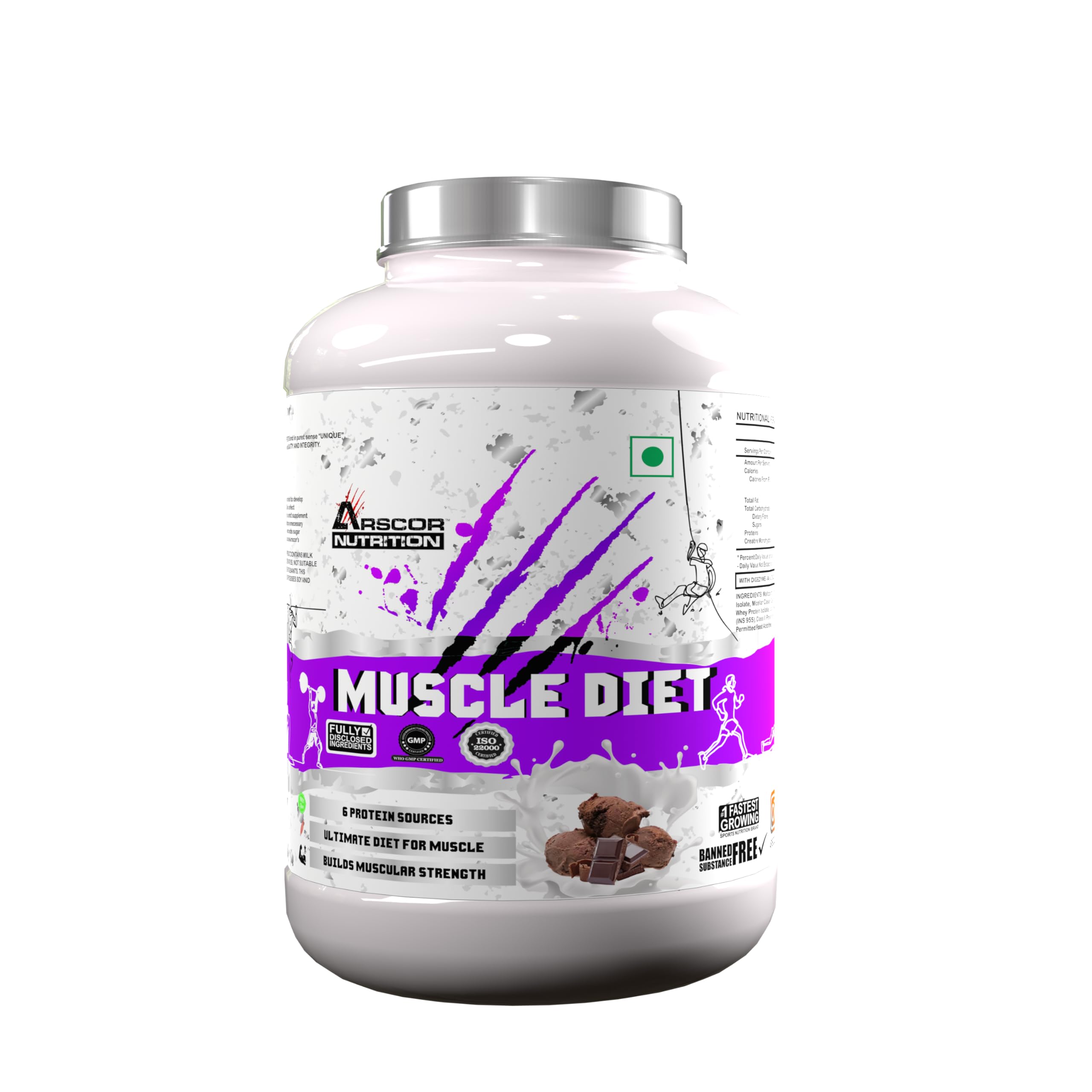 Arscor's Muscle Diet | Lean Muscle Gainer with 30g Whey Protein, 21.6g Carbs & 2.1g Creatine | High-Calorie Mass Gainer for Strength, Recovery & Performance | No Added Sugar | 100% Whey Formula (2 Kg, Chocolate)-image-2
