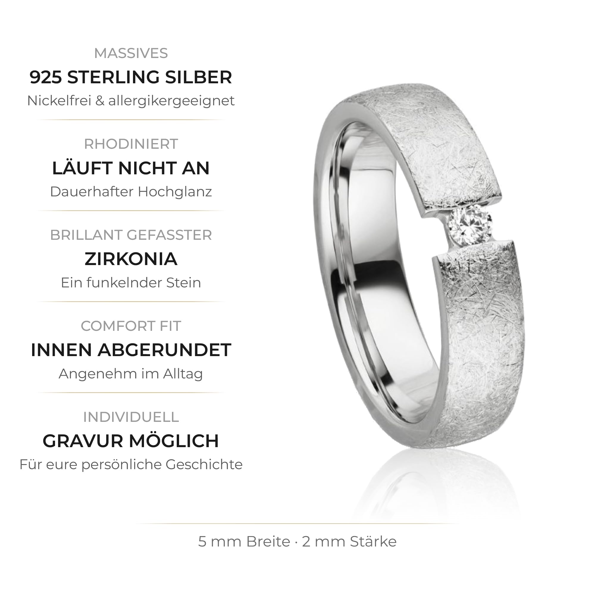 Kolibri Rings Damenring Eismatt Zirkonia Stein Spannring-Optik Sterling Silber 925 Ring Ehering Verlobungsring Partnerring Freundschaftsring - Inkl. Gratis Gravur und Etui