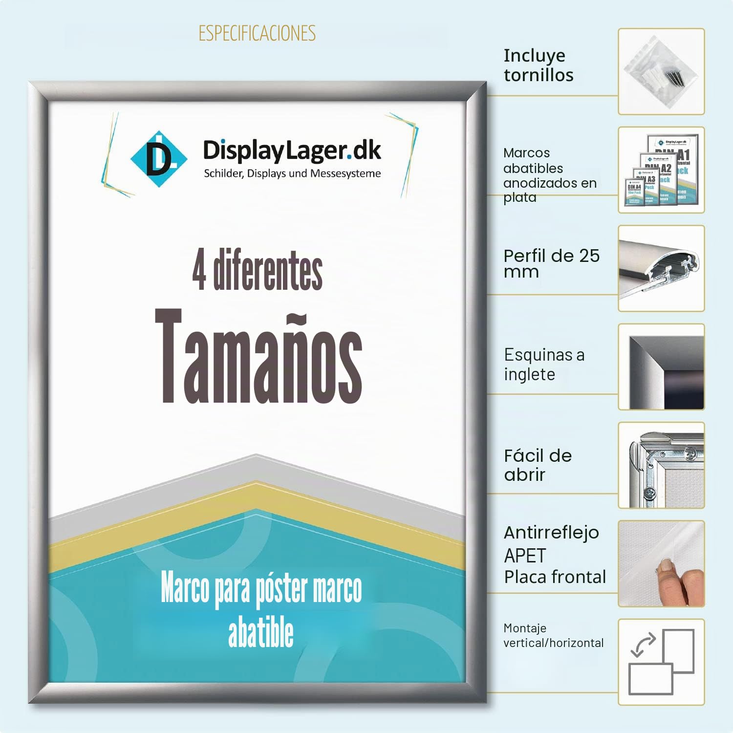DisplayLager,5 marcos plegables DIN A3,Marco para carteles con perfil de aluminio plateado de 25 mm,Marco intercambiable/marco de póster,marco de fotos con sistema de clic