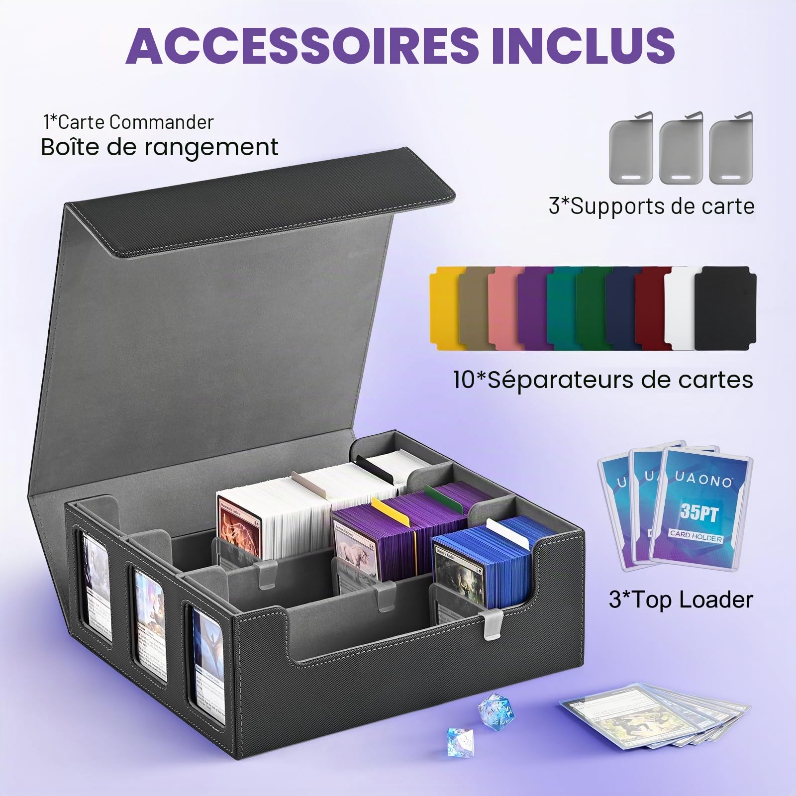 UAONO Boîte de rangement pour cartes à collectionner pour écran Commander, plus de 1800 MTG avec 3 toploaders, étui pour cartes de sport Magic PTCG (noir et gris)