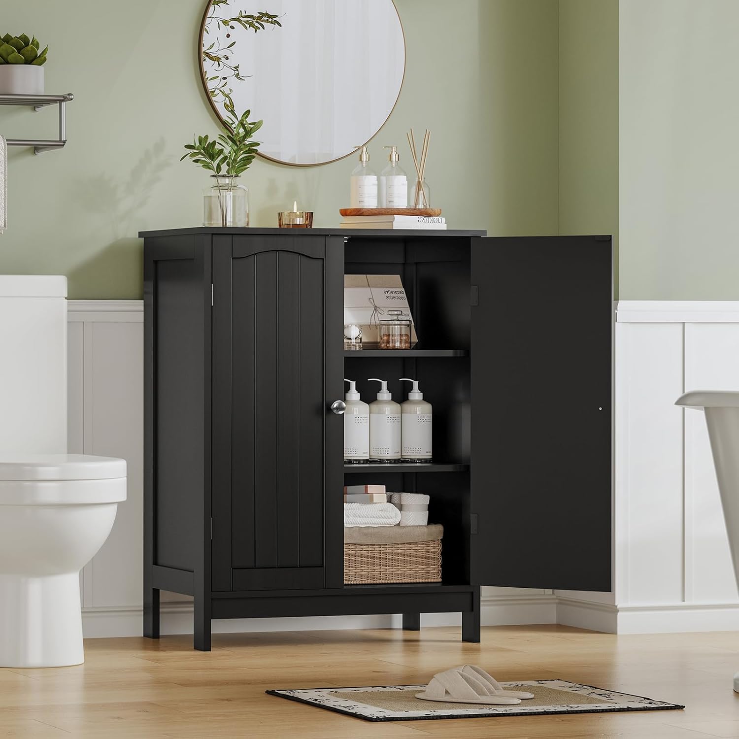 Iwell Bathroom Cabinet, Bathroom Storage Cabinet with 2 Doors & 3 Shelves, 3 Heights Available, for Living Room, Entryway, Kitchen, Home Office, Black