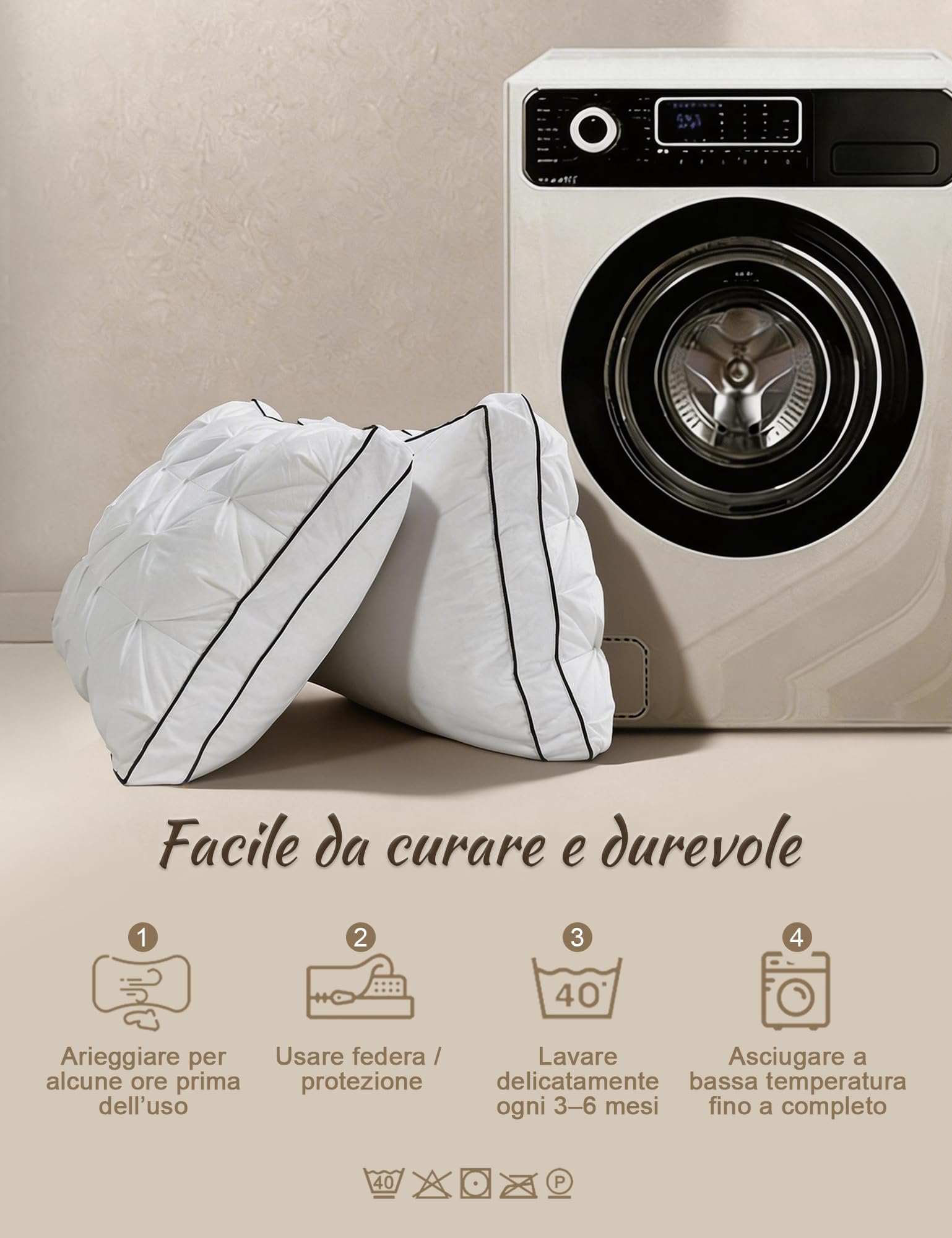 BPC Cuscino 3 Camere Piuma d'Oca, Bianco，50x75cm(set di 2) | 90% Piuma Esterna，100% Cotone Biologico，Qualità dell'hotel，Lavabile