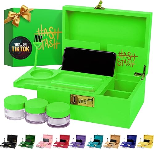 Miniatura 20 de HASHSTASH La Caja de Almacenamiento OG - Caja Grande de Bambú con Cerradura de Combinación, Tapa Magnética, Bandeja Organizadora, Tubo Hermético y 3