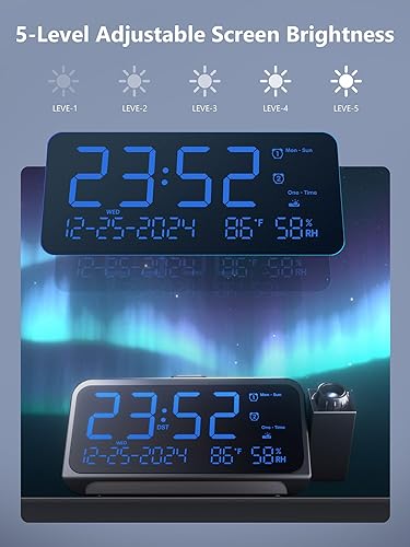 Miniatura 4 de Reloj despertador de proyección para dormitorio, reloj despertador con proyector giratorio de 350, 5 brillo, alarma dual con modo de día de