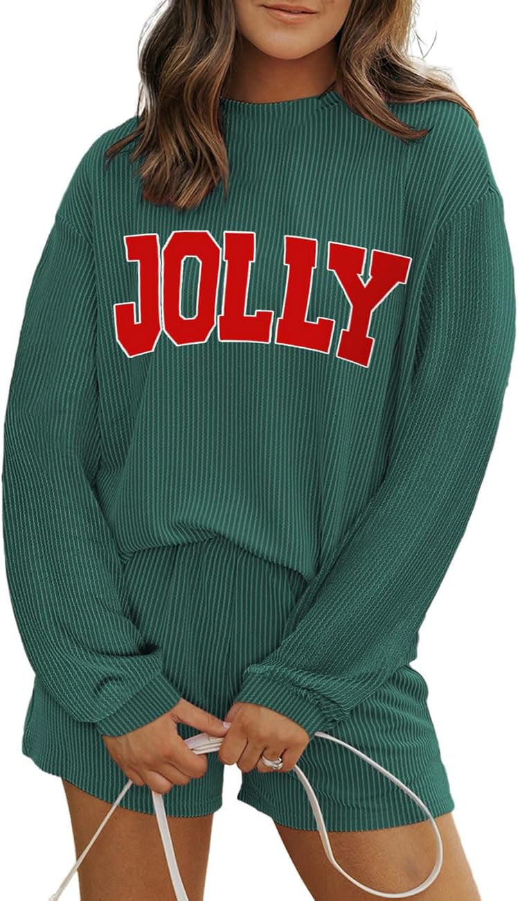 Deer Lady Two Piece Sets for Women 2026 Fall Outfits Ribbed Long Sleeve Top and Shorts Pajama Pocketed Matching Lounge Set