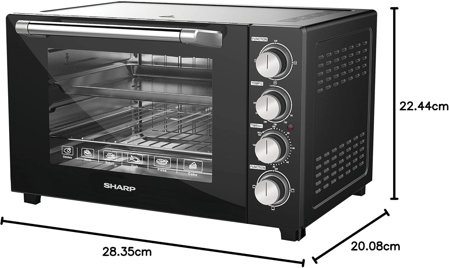 Sharp 70L Electric Oven with dimensions labeled