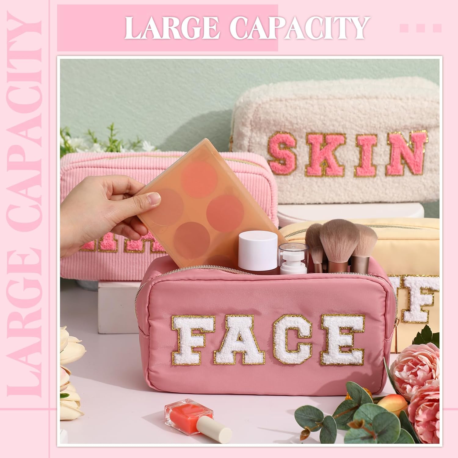 Kajaia 4 Pcs Preppy Makeup Bags Chenille Letter Bag Hair Face Skin Stuff Cosmetic Pouch Cases for Women Travel Toiletry Spend The Night(Beige, Powder, Milk White, Pink,Grace)