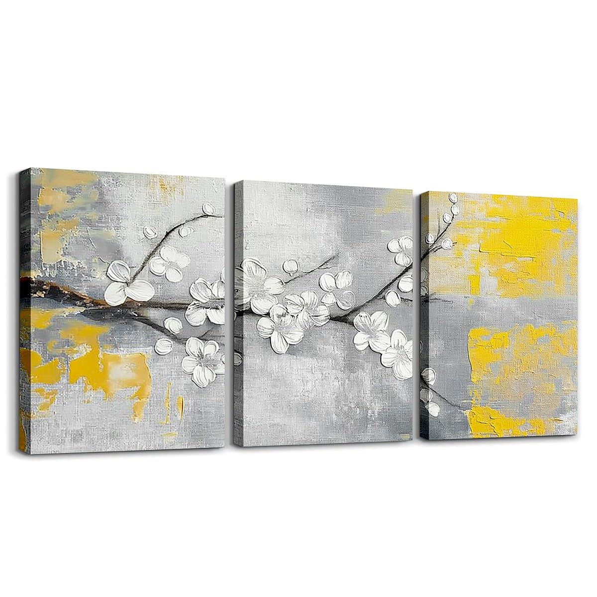 Plum Blossom Canvas Wall Art Set of 3 for Bedroom Living Room, Gray Yellow Ombre Graffiti Paintings Wall Decor for Bathroom Kitchen, Modern Abstract