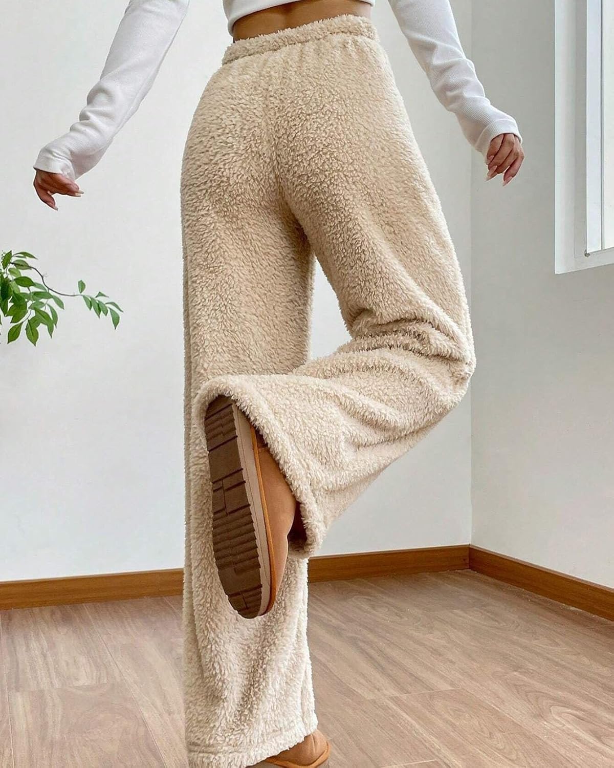 Women's Fuzzy Lounge Pants Comfy Warm Fleece Pajama Long Pants Drawstring Elastic Waist Wide Leg Bottoms - Image 4