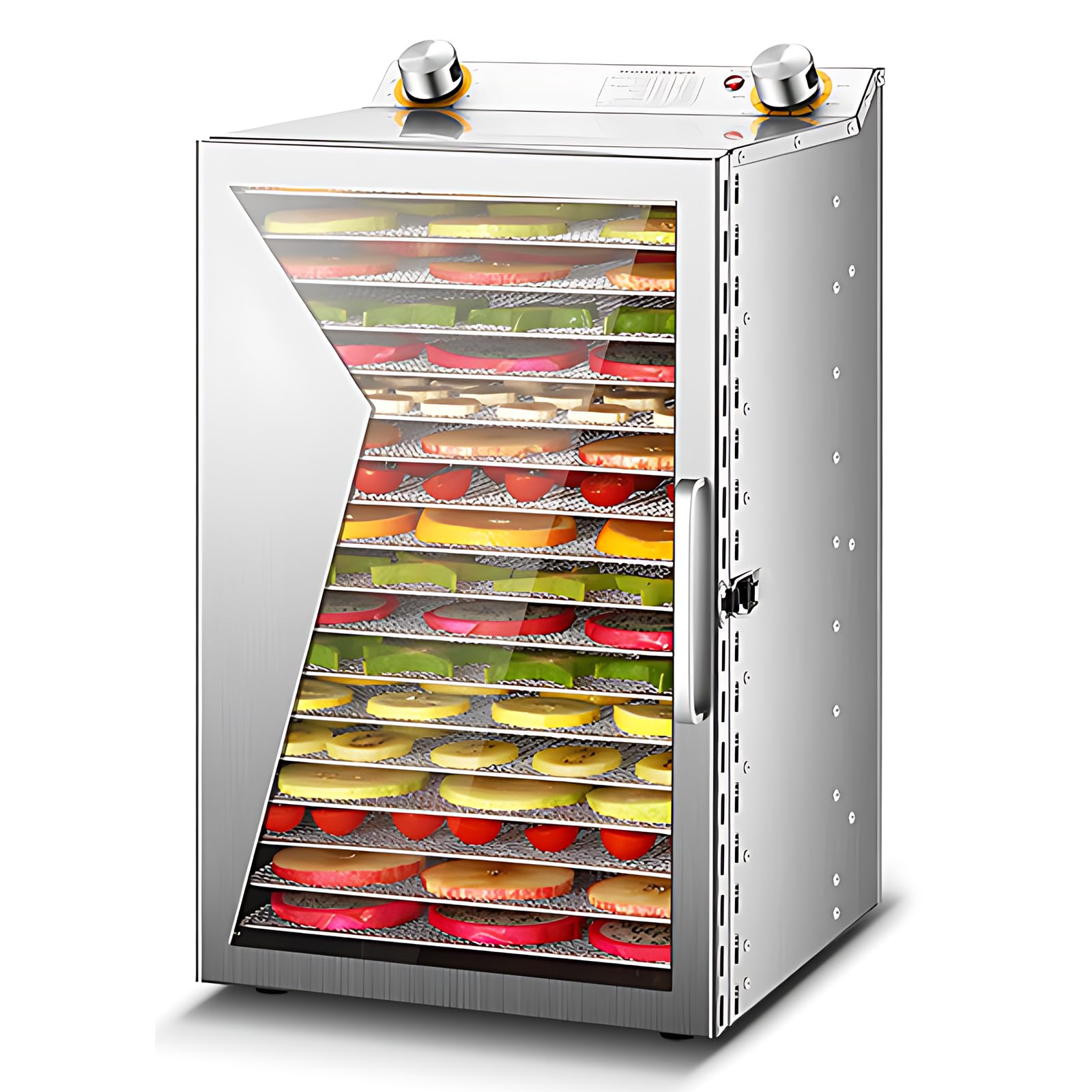 Disidratatore per Alimenti e Carne secca con Timer 12H Acciaio Inossidabile Spazzolato 18 Rastrelliere per l'Essiccazione 800W 30-90℃ Disidratatore per Frutta Verdura con Grande Manopola di Con