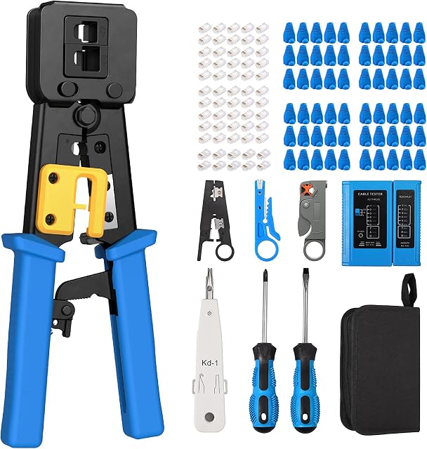 Proster RJ45 Crimping Tool Kit for RJ11/RJ12/CAT5/CAT6/Cat5e Professional Computer Maintenacnce LAN Cable Tester Network Repair Tool Set Wire Crimper Wire Connector Stripper Cutter (Blue)