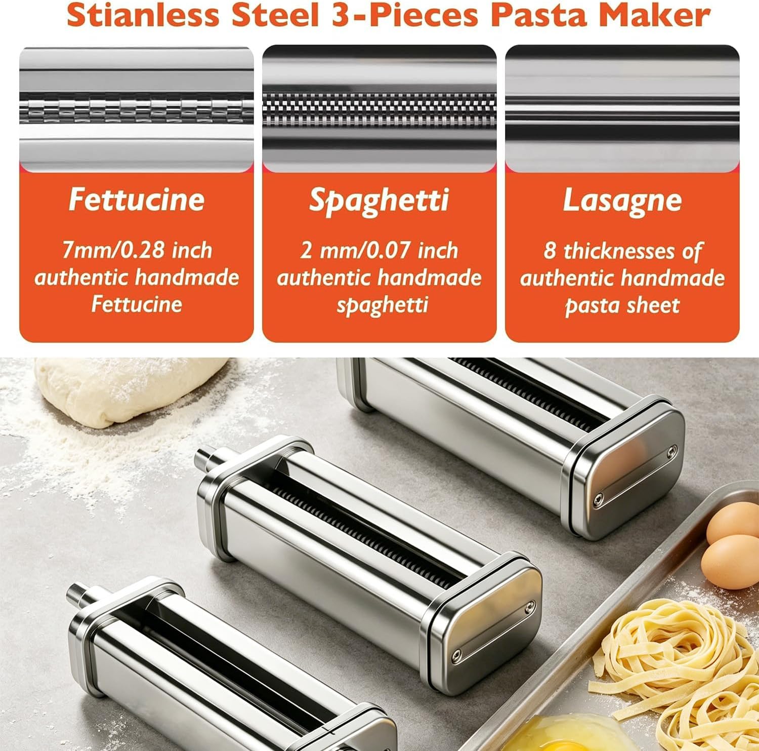 Pasta Maker Attachment Compatible with KitchenAid Stand Mixer (3-Piece Set), Premium Stainless Steel Pasta Roller & Cutter Set, Includes Dough Sheet Roller, Spaghetti & Fettuccine Cutters