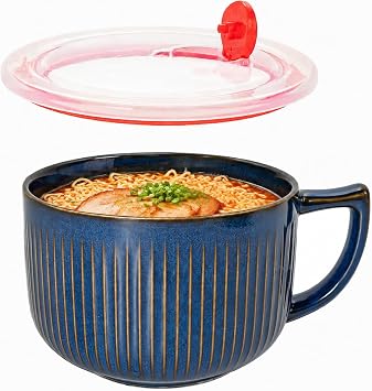 38oz Blue Ceramic Soup Mug, Large Soup Bowl with Handle & Lid, Microwave & Dishwasher Safe Extra Large Soup Bowl with Lid for Cereal Oatmeal Ramen Instant Noodle Salad 1 Pack