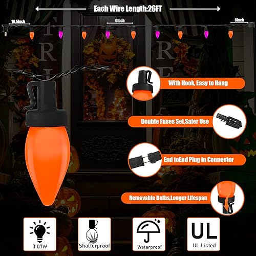 Miniatura 9 de Luces de Halloween naranjas, tira de luces C7 parpadeantes de 25 pies color naranja llama conectable, certificado UL con 27 bombillas naranja llama